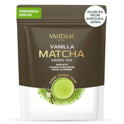Imagen de VAHDAM, Matcha De Vainilla Té Verde 100g (50 Tazas) Japonés Con Natural Prepara Un Delicioso Café Leche