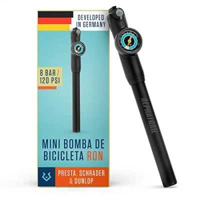 Imagen de Alphatrail Mini Bomba Ron para Todas Las válvulas 8,3 Bar / 120 PSI presión máxima I Gran manómetro (Ø32mm) Manguera Extensible de 15cm Bicicleta Presta, Schrader y Dunlop