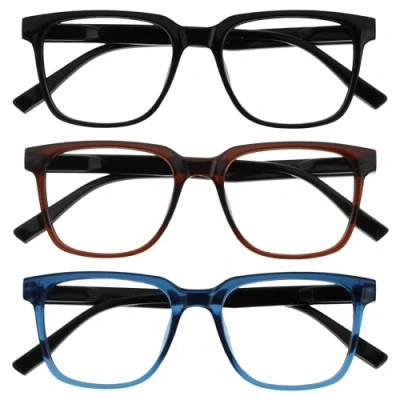 Imagen de OPULIZE LEO Gafas de Lectura Pack 3 Montura Rectangular Grande Negro, Marrón, Azul Hombre Mujer Bisagras Muelle RRR55 123 +1.00
