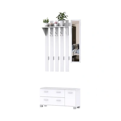 Imagen de HOMCOM Conjunto de Recibidor Entrada con Espejo Perchero y Zapatero Muebles 3 Ganchos Estante 2 Cajones para Pasillo Blanco