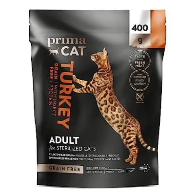 Imagen de PrimaCat Alimento para Gatos sin Cereales con Sabor a Pavo e Insectos, Comida Adultos, esterilizados/castrados, 400 g