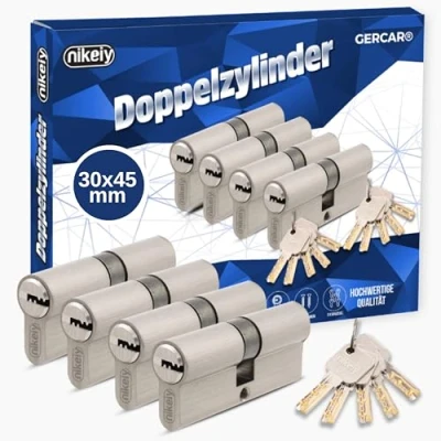 Imagen de GERCAR Pro Juego de 4 cilindros cierre perfil, 30/45, macizos, cilindro doble, cerradura latón mate, incluye 10 llaves reversibles, longitud: 75 mm, A: 30 B: 45 4x