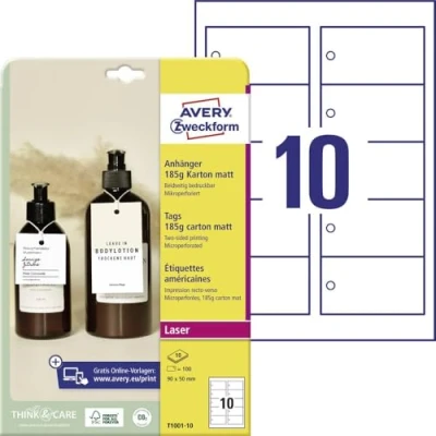 Imagen de Avery España T1002 10 Colgantes imprimibles doble cara de cartón microperforado, 185 gr incluye el hilo para colgarlos, cuadrado 50x50mm, caja 150 colgantes,impresola láser e Inkjet