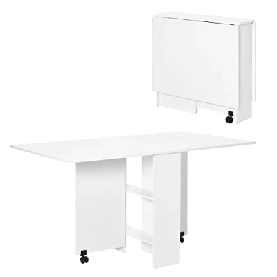 Imagen de HOMCOM Mesa de Comedor Plegable Madera con 2 Solapas Estantes Almacenaje y Ruedas para Cocina 75x140x74 cm Blanco