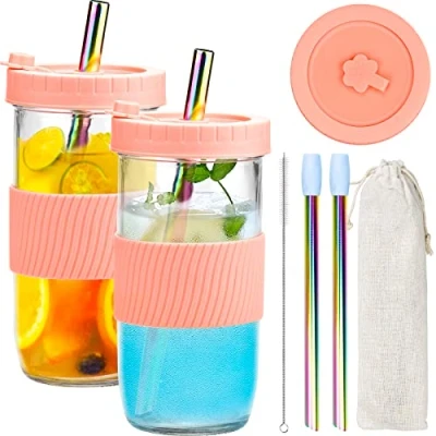 Imagen de iYInJuan Juego de 2 vasos con tapa a prueba salpicaduras y pajita, reutilizables, té burbujas, para bebidas, batidos, cóctel, 730 ml