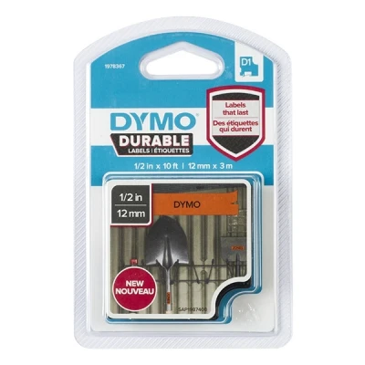 Imagen de Dymo D1 cinta de etiquetado resistente para LabelManager rotuladoras, con impresión en negro y fondo naranja, 12 mm ancho x 3 m largo (1978367)