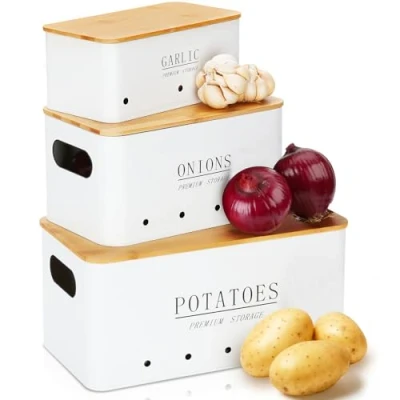 Imagen de Otauoaea Caja Para Guardar Patatas [Juego de 3] Tarros Tarro Cebolla ajo Almacenamiento Cocina con Tapa bambú y Orificios Ventilación Blanco