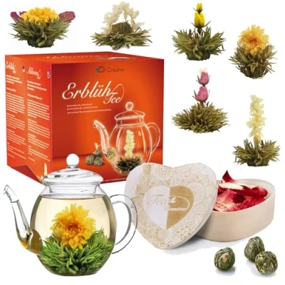 Imagen de Creano Set de Regalo Flores Té Florido Mezcla en Caja Madera Forma Corazón 6 Tipos blanco incl. Tetera Vidrio 500ml