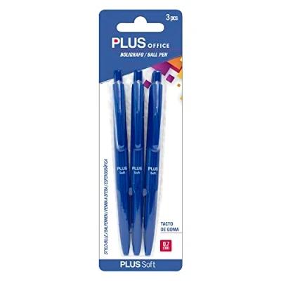 Imagen de PLUS Office Bolígrafos Soft Pack de 3 Retráctiles, Escritura y Tacto ultra suave, Tinta fluida Viscosa, Óptimo para uso oficina, casa escolar, Color Azul Trazo 0,7 mm