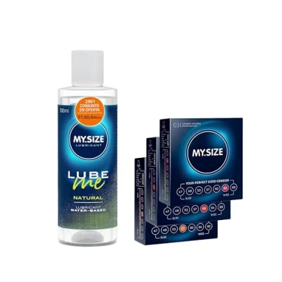 Imagen de Set MY.SIZE de condones + Gel Lubricante con 100 ml Lube Me Gleitgel Natural y 3x3 57, 60 64 mm ancho I Lubricación a base agua para juguetes látex