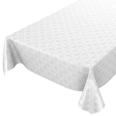 Imagen de ANRO Mantel de hule lavable, diseño cuadros, color blanco, estampado damasco, 240 x 140 cm