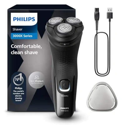 Imagen de Philips Serie X3000 Afeitadora Eléctrica Hombre, Máquina de Afeitar Barba con Cortapatillas, 27 cuchillas, Cuida la piel, 40min uso, En Seco y Húmedo, Recargable, X3001/00, Negro