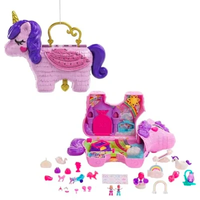 Imagen de Polly Pocket Estuche Bolso La Fiesta del Unicornio, Set de Juego con Forma piñata Mini muñecas, áreas y Accesorios, Juguete +4 años (Mattel GVL88)