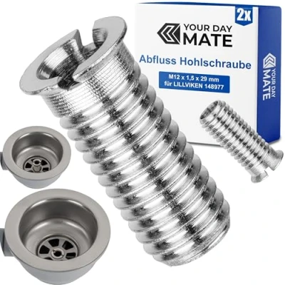 Imagen de Tornillo hueco para válvula de cesta colador, M12 x 1,5 29 mm, 2 unidades, compatible con desagüe IKEA Lillviken 148977, latón, rosca reguladora, fregadero