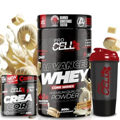 Imagen de ProCell PACK Whey Core + Crea 300gr Shaker REGALO proteina concentrada Gana masa muscular, en polvo Creatina monohidrato (900 gr, White Choco &amp; rings)