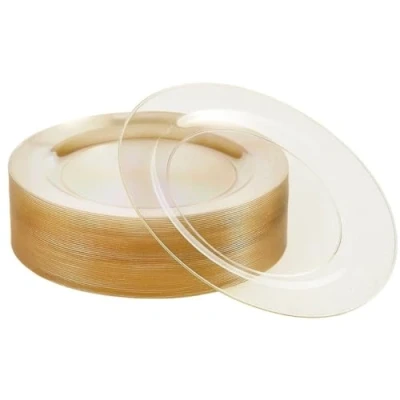 Imagen de MATANA 25 Elegantes Platos de Plástico Duro Transparente con Brillos Dorados, 26cm Resistentes y Reutilizables Bodas, Cumpleaños, Bautizos, Navidad, Barbacoas, Fiestas