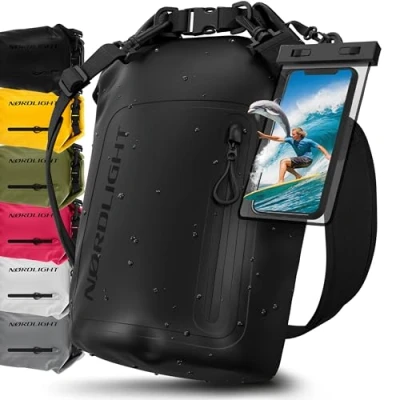 Imagen de Nordlight Bolsa Estanca Impermeable + Funda para Móvil, Cierre Enrollable, Correa Hombro Drybag Mochila Saco Estanco de Transporte Náutica Playa Sup Negro, 20 litros