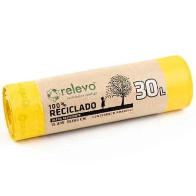 Imagen de RELEVO 100% Reciclado Bolsas de Basura, Extra Resistentes 30 L, color Amarillo, 15 Unidad ( Paquete 1)