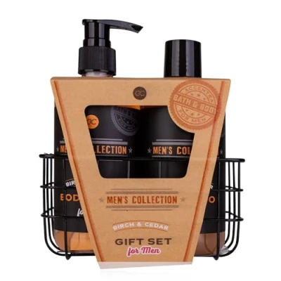 Imagen de Accentra Set de regalo para hombre Collection en cesta alambre, incluye 300 ml champú ml, aroma abedul y cedro, color marrón