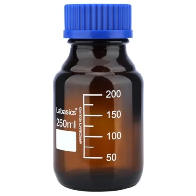 Imagen de Labasics Botellas de Almacenamiento Medios Reactivos, 1 PK Redondas Vidrio ámbar Graduadas para Reactivos Laboratorio con Tapa Rosca Azul, 250 ml