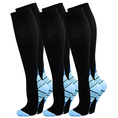 Imagen de 3 Pares Calcetines/ Medias de Compresión para Hombres y Mujeres, Running, Deporte, Correr, Senderismo, Volar, Viajar, Varicosas, Embarazo Médicos (L, Azul)