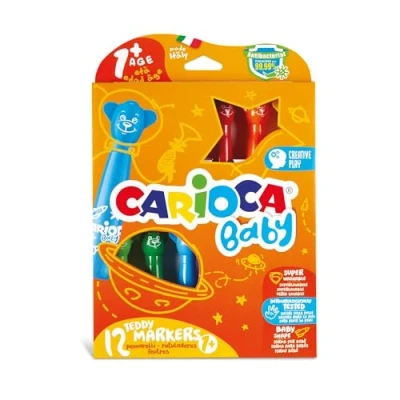 Imagen de Carioca Baby Teddy, Rotuladores para Niños, Coloridos y Ergonómicos los Pequeños, con Tinta Antibacteriana Lavable, Colores Surtidos, 12 Piezas