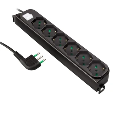 Imagen de Ekon Regleta de 6 Puertos, Enchufe Italiano, Europeo, Cable 1,5 m, Italiano 16 A, Interruptor Luminoso, máx. 3500 W, Negro