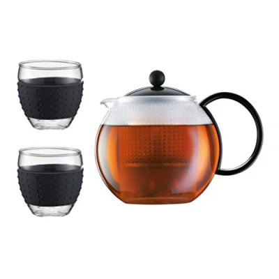 Imagen de Bodum K1844 01 2 Assam Set Tetera con colador de plástico y tapa 1,0 l + vasos borosilicato 0,35