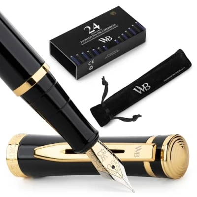 Imagen de Wordsworth &amp; Black Juego de plumas estilográficas punta media con 24 cartuchos tinta, un convertidor para la recarga tinta y Bolsa regalo, caligrafía (Oro negro)