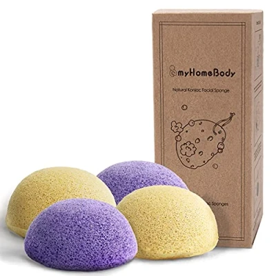 Imagen de Esponjas faciales naturales Konjac para una limpieza suave y exfoliación (2 amarillo cúrcuma, 2 lavanda violeta)