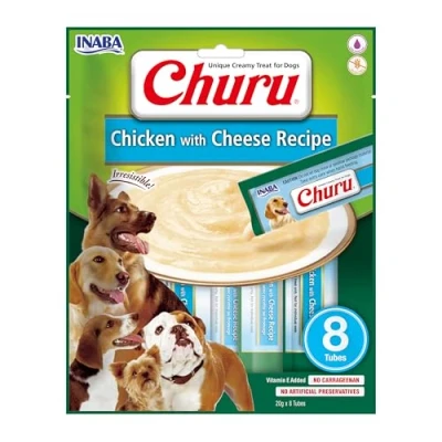 Imagen de INABA Churu Puree Dog Treats Deliciosos Snacks para Perros en prácticas porciones, sin Cereales, Pollo y Queso (8x20g)