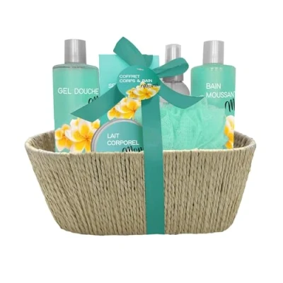 Imagen de Estuche de baño monoï espumoso 300 ml, gel ducha, leche corporal, niebla, sales baño, regalo para mujer belleza, cuidado bien ser Kit Cocooning cesta cuerda francés