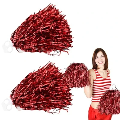 Imagen de 2 pompones de animadora, rojos papel metálico, animadora coloridos, flores para animadoras, bailes, vestidos noche, fiestas nocturnas