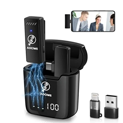 Imagen de AOCIWE Micrófono Inalámbrico Lavalier 1 Transmisor de y Receptor, Estuche Carga para Pantalla Digital, Youtube Zoom Otras Grabaciones Vídeo en Directo