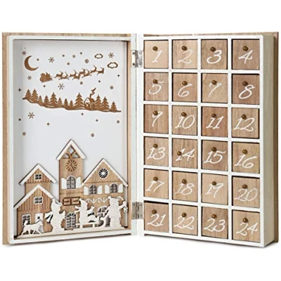 Imagen de BRUBAKER Calendario de Adviento Madera Reutilizable para Rellenar Libro Feliz Navidad DIY 19.6 x 7.5 30 cm