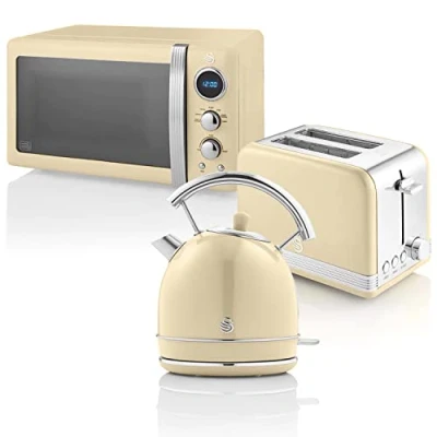 Imagen de Swan Retro Set Desayuno Hervidor de Agua 1,8 L, Tostadora Pan Ranura Ancha 2 Rebanadas, Microondas Digital 20L, 6 Niveles Potencia, Temporizador, Puerta Espejo, Diseño Vintage, Crema