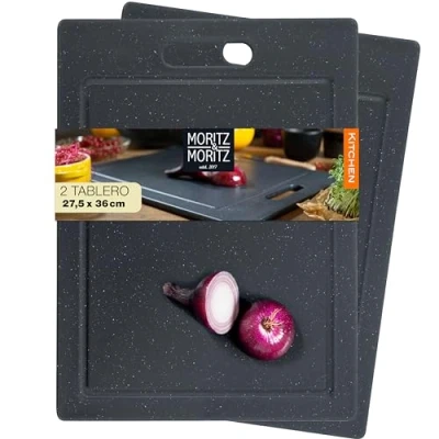 Imagen de Moritz &amp; 2x Tablas para corte con Estampado de Granito 36 x 27,5 cm Cortar negra Tacos Antideslizantes, asa Agarre y Borde Antiderrames Tabla cocina