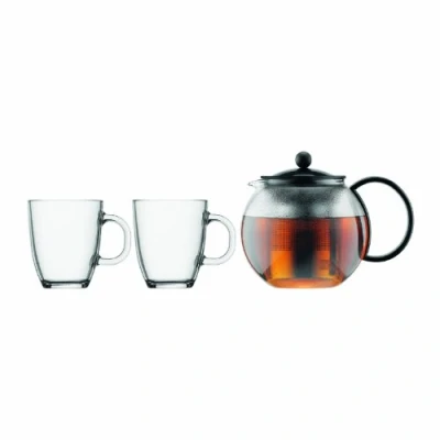 Imagen de Bodum K1805 01 Assam Tetera con Filtro de Acero INOX 1,0 l + 2 Mugs Cristal 0,35