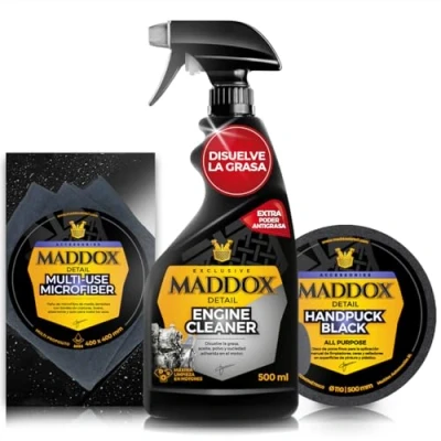 Imagen de Maddox Detail Kit Avanzado de Limpieza para Vehículos Engine Cleaner, Handpuck Black y Multi Use Microfiber Limpiador Motor, Esponja Multiusos Paño Microfibra