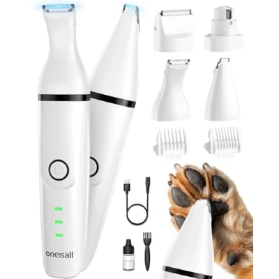 Imagen de oneisall 4 en 1 silencioso cortapelos para Perros y Gatos, cortauñas recargable con cabezales de corte multifuncionales todo el cuerpo (Blanco)