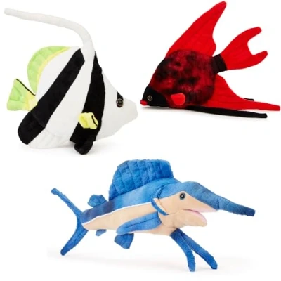 Imagen de Zappi Co Paquete triple de 3 unidades peluches peces realistas para niños, (20 22 cm, pez ángel, espada y tropical).