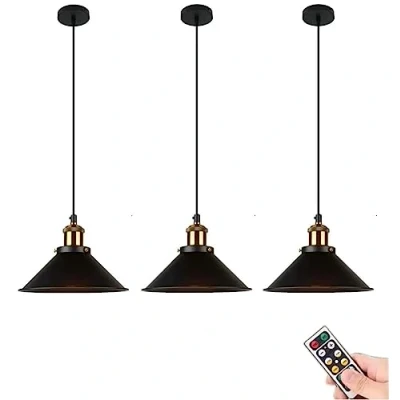 Imagen de lámpara colgante con mando a distancia, funciona pilas, de techo negra para interiores, accesorio araña iluminación vintage granja, comedor, isla cocina (C