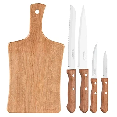 Imagen de Tramontina Juego de Cuchillos Dynamic, para Comida, en Acero Inoxidable y Mangos Madera Natural, Utensilios con Remaches Aluminio, Incluye Tabla Madera, 5 Piezas