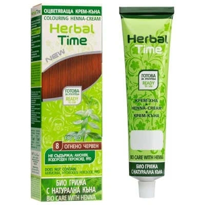 Imagen de Herbal Time Henna Natural Colorante en Crema Pelo Cubre Canas Tinte Coloración Temporal Sin Amónico, Sulfatos y Parabenos Roja Color Rojo Ardiente 8 75ml