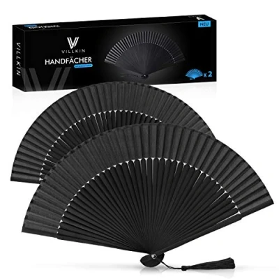 Imagen de Villkin 2 abanicos de mano originales para refrescarse en verano, bodas y carnaval (negro, juego 2)