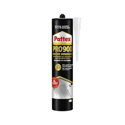 Imagen de Pattex PRO900 Adhesivo de montaje para interiores y exteriores, pegamento fuerte agarre inmediato, extrafuerte resistente al agua con gran poder relleno, 1 cartucho x 460 g