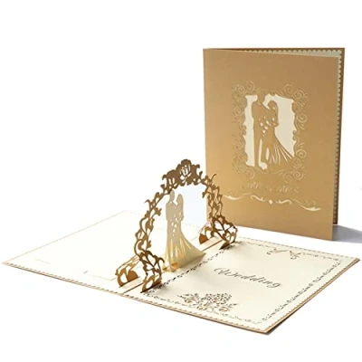 Imagen de Olakin Tarjeta de Felicitación 3D con sobre, Pop up Al Aire Libre Boda Compromiso, Romántico Invitación Tarjetas Felicitación(Oro)