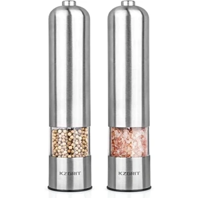 Imagen de KZGRIT Molinillo de Sal y Pimienta Eléctrico, Batería Funcionado, Cuchilla Molienda Cerámica, Molino Acero Inoxidable Automático con Luz LED Tosquedad Ajustable(Juego 2, Plata)