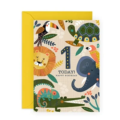 Imagen de CENTRAL 23 Tarjeta de primer cumpleaños para niño hijo, 1 año, bonitas tarjetas felicitación animales safari niños, elefante, tortuga, león, camaleón