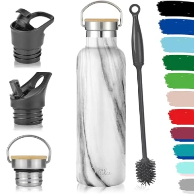 Imagen de Milu Botella de Agua, 500ml, 750ml, 1000ml (+3 Tapas) Acero Inoxidable, Libre BPA, Para Bebidas Calientes, Frías y Carbonatadas (Mármol, 750ml)